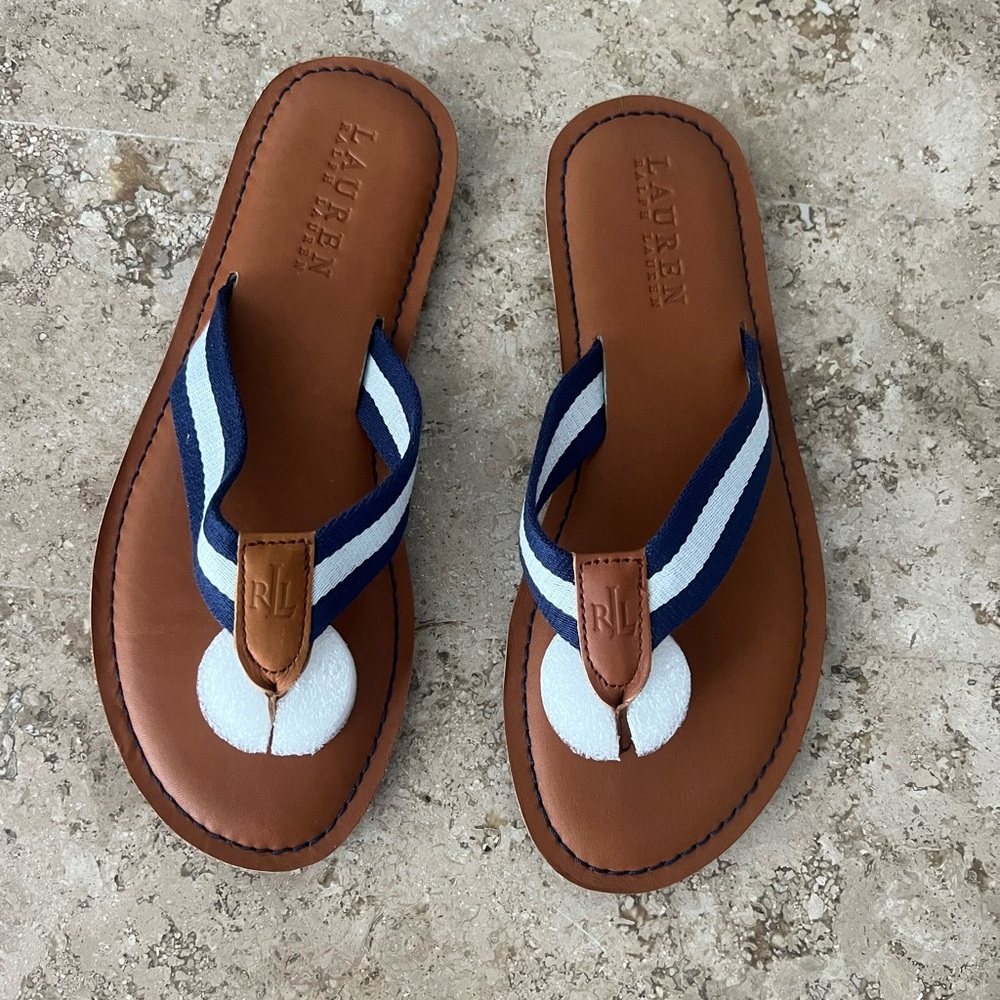 NWT in Box Ralph Lauren Edison Leather and Striped Webbing Sandals Size 8